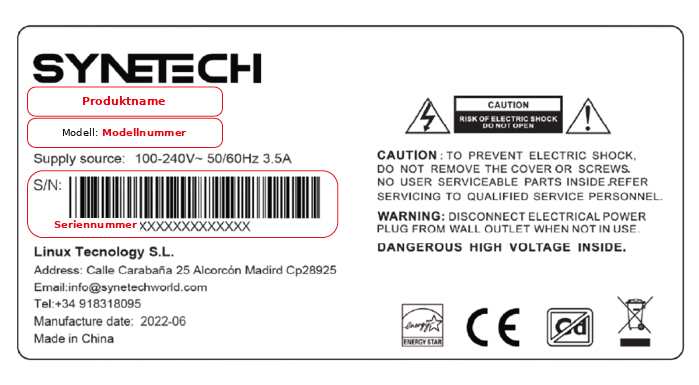 Identificación del modelo y número de serie de Synetech