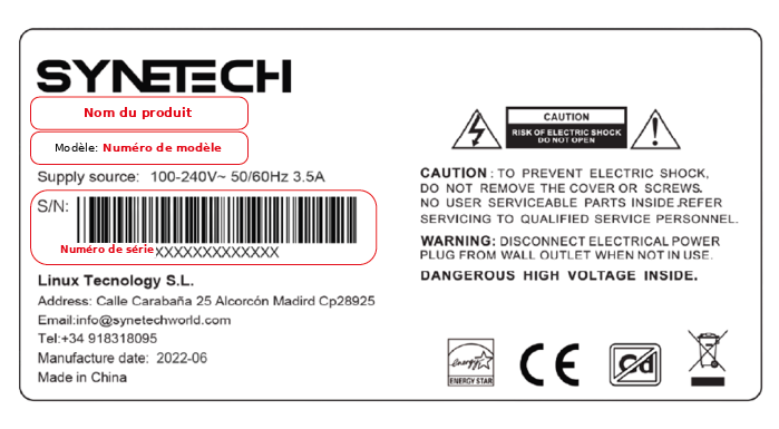 Identificación del modelo y número de serie de Synetech