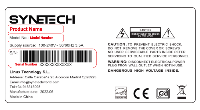 Identificación del modelo y número de serie de Synetech